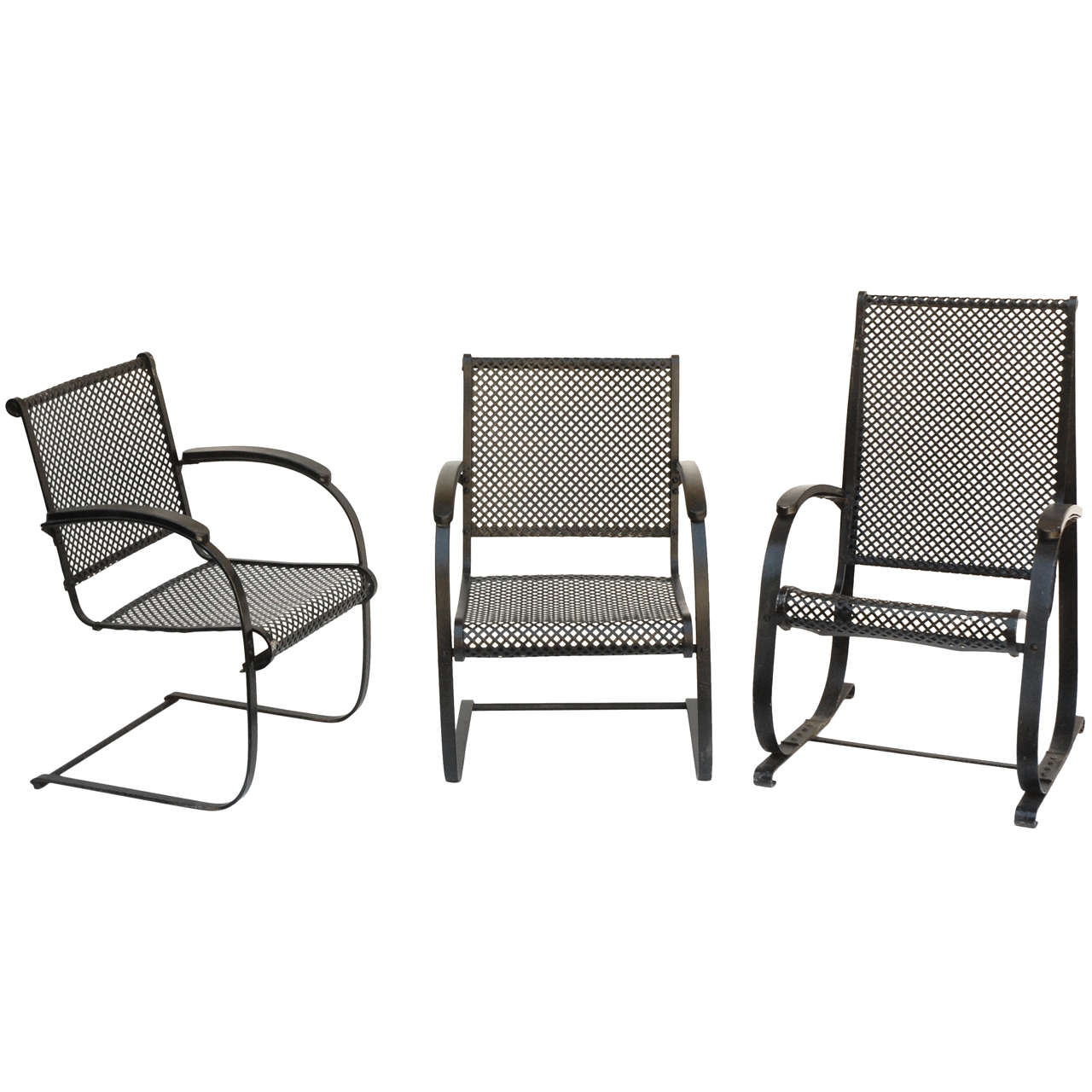Suite of Three 1940's Iron Garden "Bouncer" Chairs For Sale