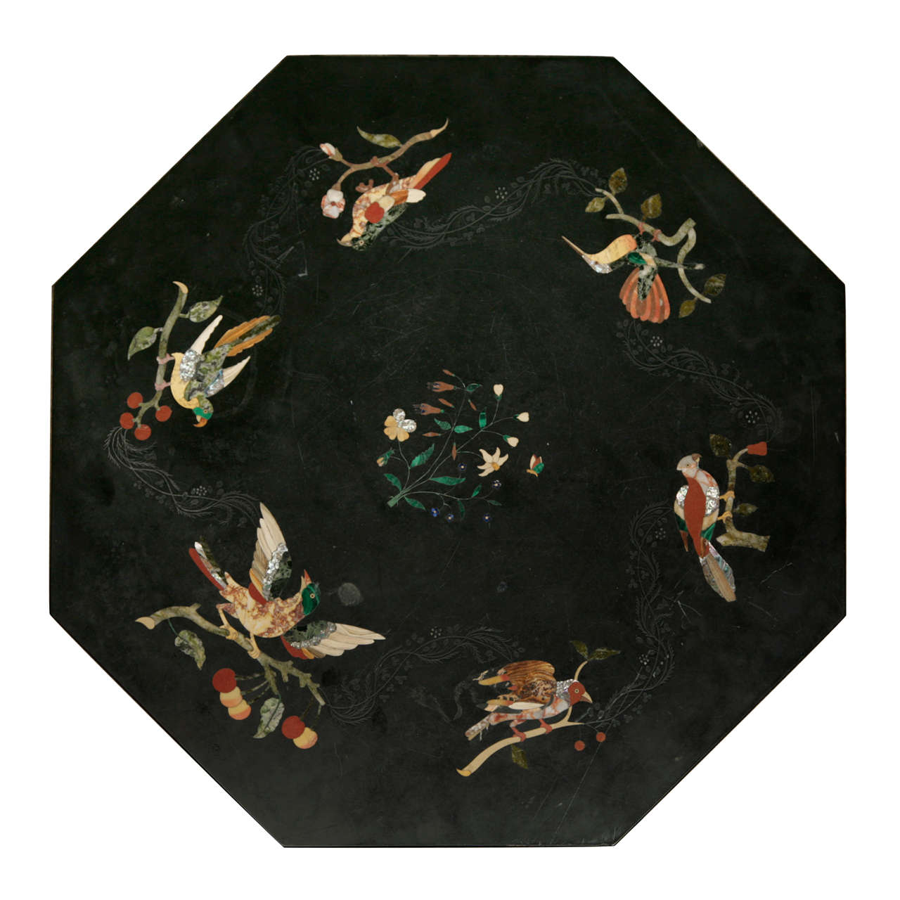 Octagonal Black Marble Table Top with Inlay Work
