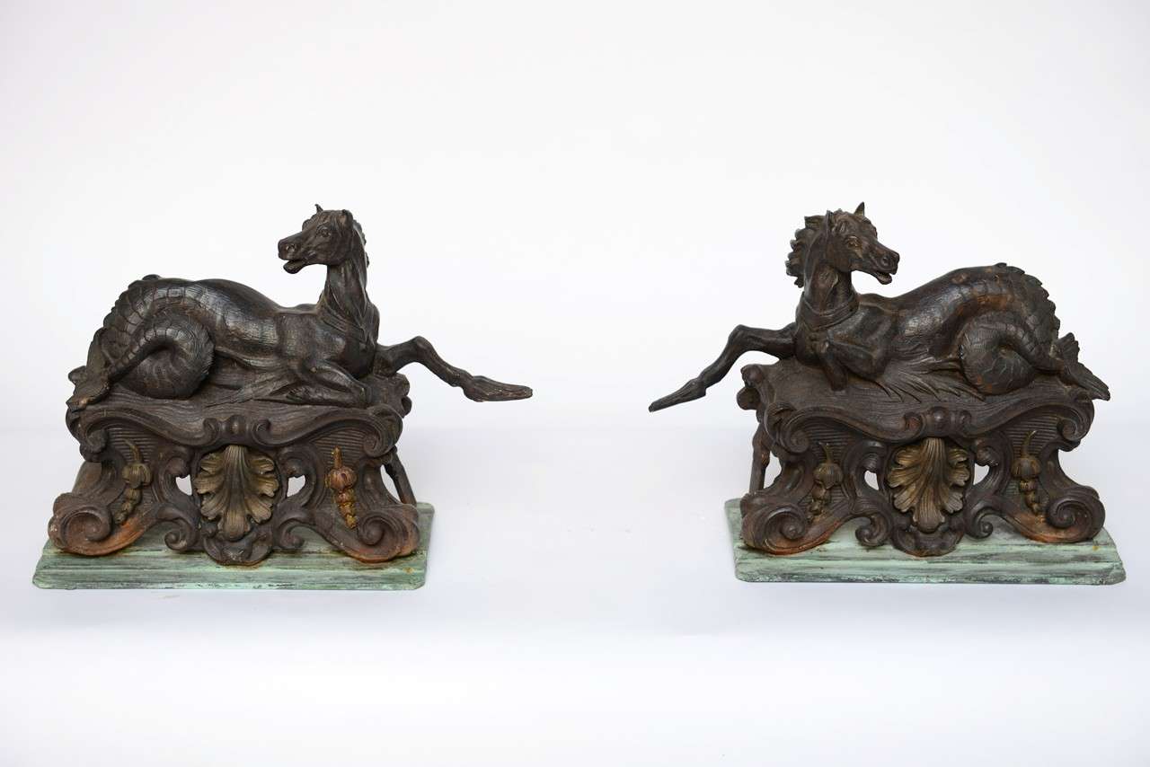 Pair of antique horses made form iron, bronze trimming and copper 
base.
Great mythological subject with fine details.
Could be converted very easy to be pair of table lamps.
Or used as decorative objects.
 