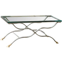 Mid C Steel & Bronze Coffee Table with Glass Top, Wavy Legs & Hoof Feet