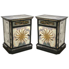 Pair of 1920's French Mirrored Reversed Gilt Painted Bedside Tables