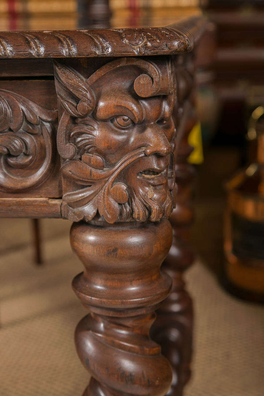 Antique Mahogany Turned Leg and Intricate Carved Partners Desk In Excellent Condition In Stamford, CT