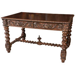 Antique Mahogany Turned Leg and Intricate Carved Partners Desk