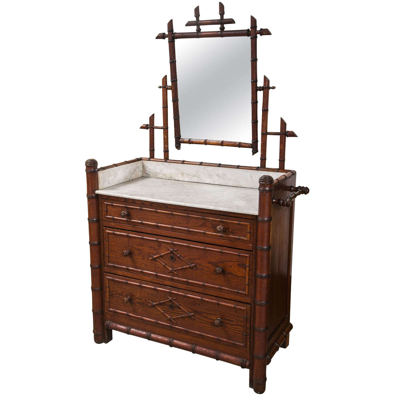 English Faux Bamboo Washstand with Swivel Mirror and Marble Top