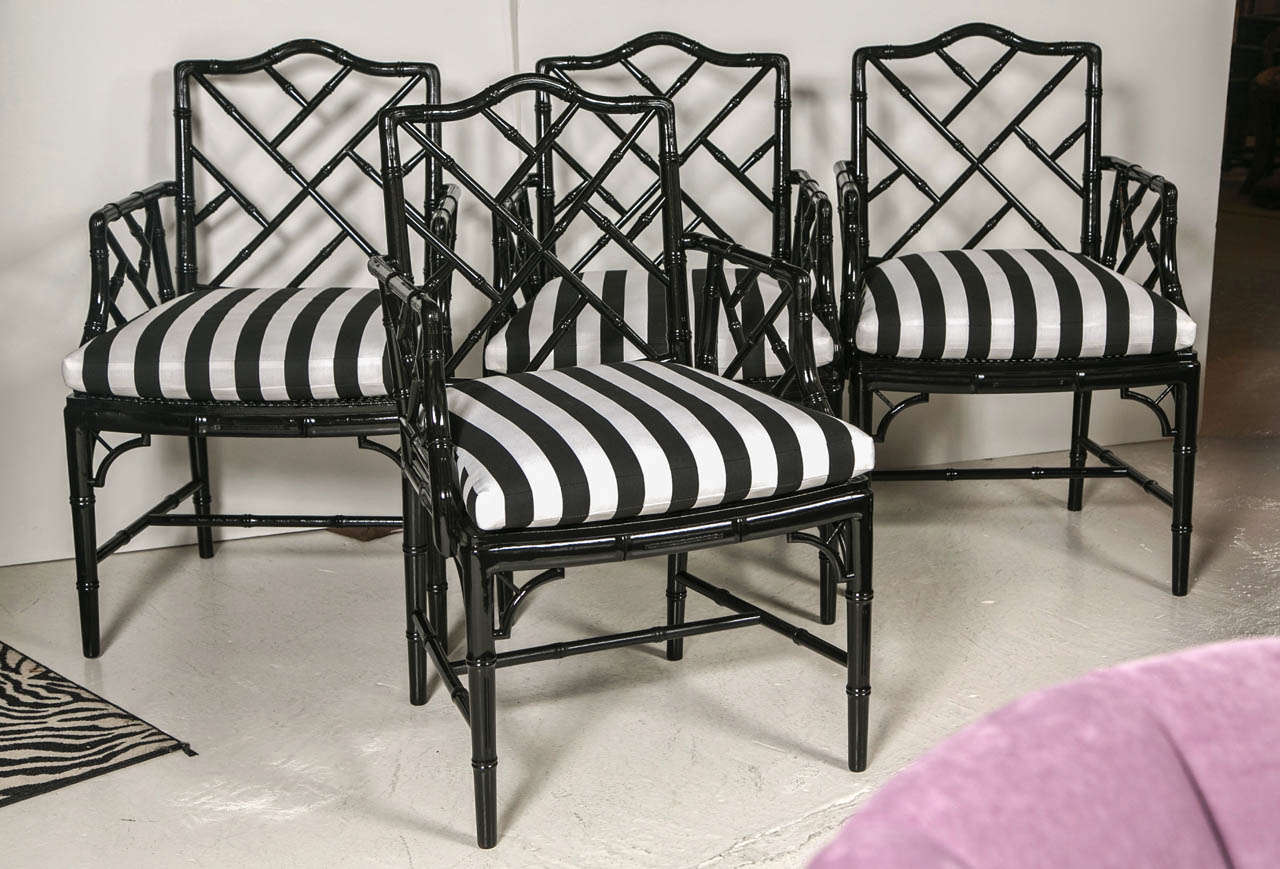 Set of Eight Black Faux Bamboo Dining Chairs with arms