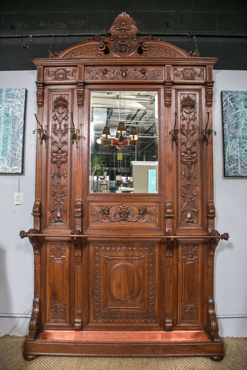 19thc Walnut, Bronze & Copper Hall Tree