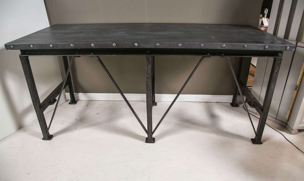 Vintage Industrial Cast Iron Base Table with Zinc Top In Excellent Condition In Stamford, CT