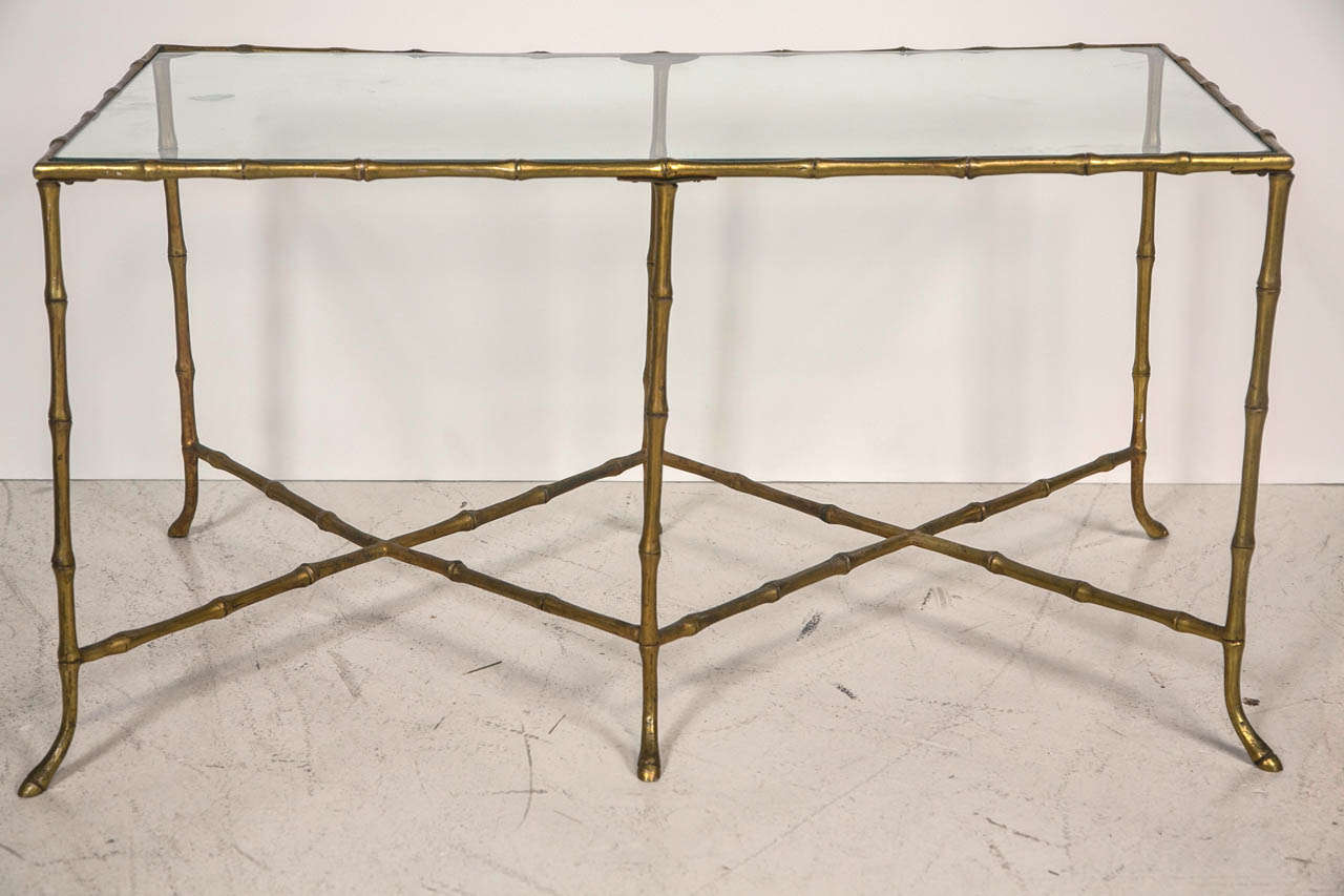 1940s Maison Bagues bronze faux bamboo table with glass top