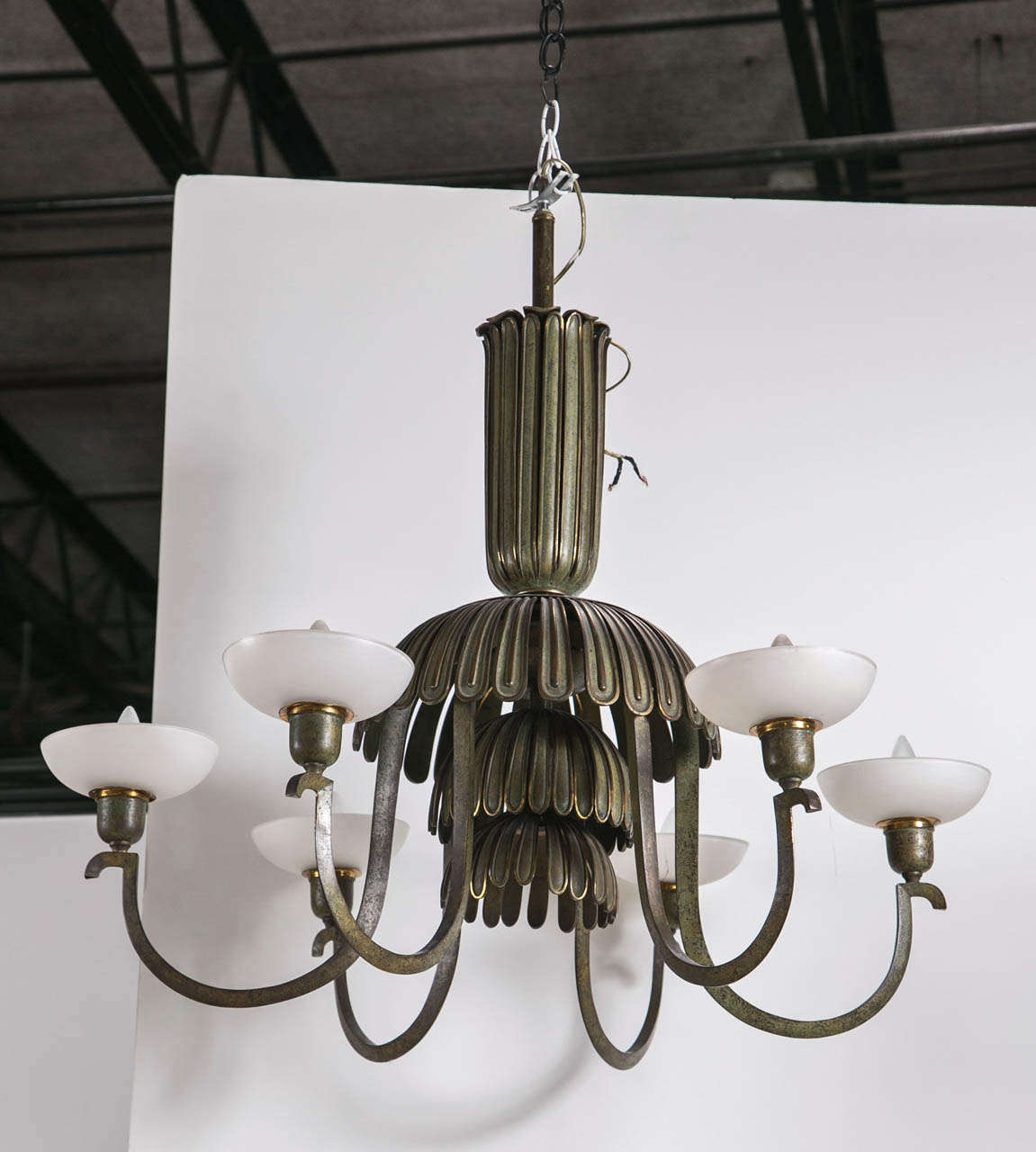 Art Deco Six Light Chandelier painted gilt and green