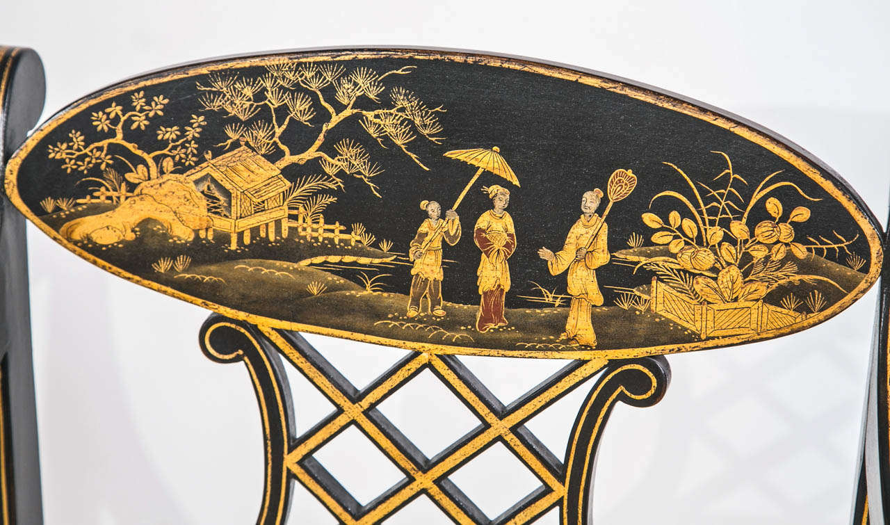 Vintage 20th c Regency Black Chinese Lacquer Chairs 4