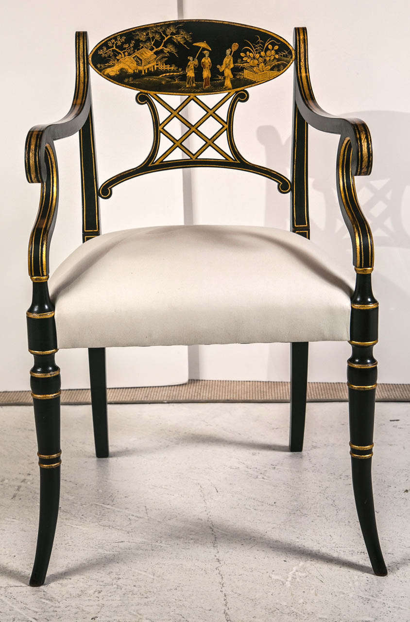 Vintage 20th c Regency Black Chinese Lacquer Chairs Bon état à Stamford, CT