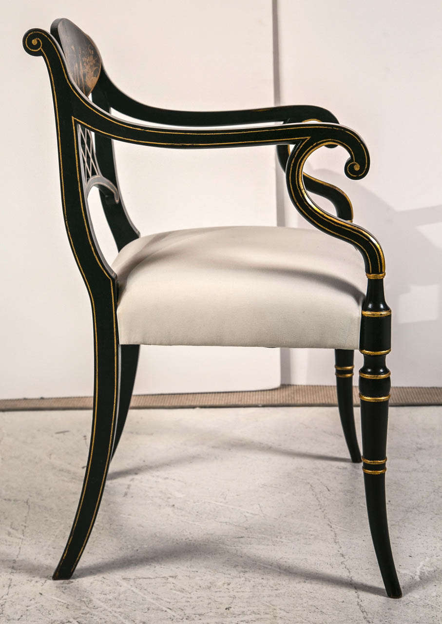 Vintage 20th c Regency Black Chinese Lacquer Chairs 1