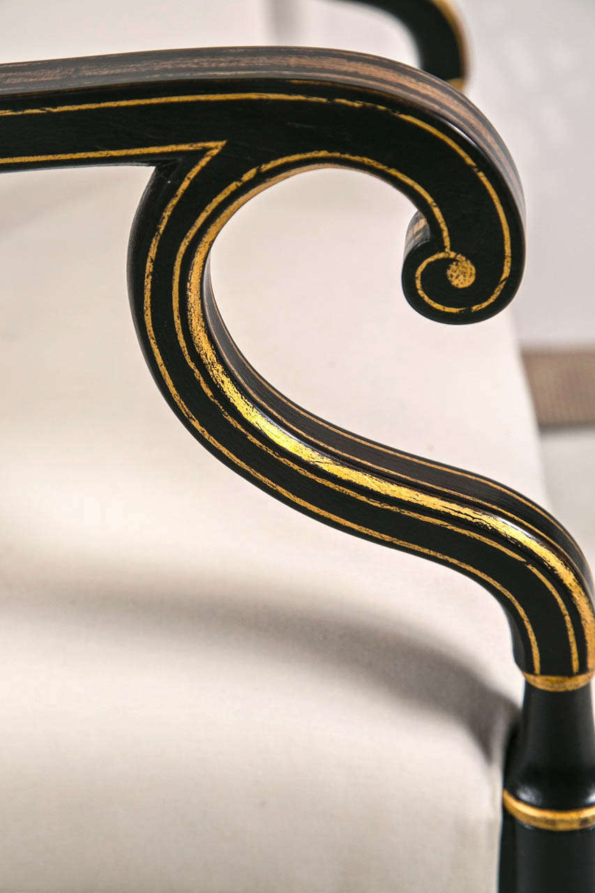 Vintage 20th c Regency Black Chinese Lacquer Chairs 2