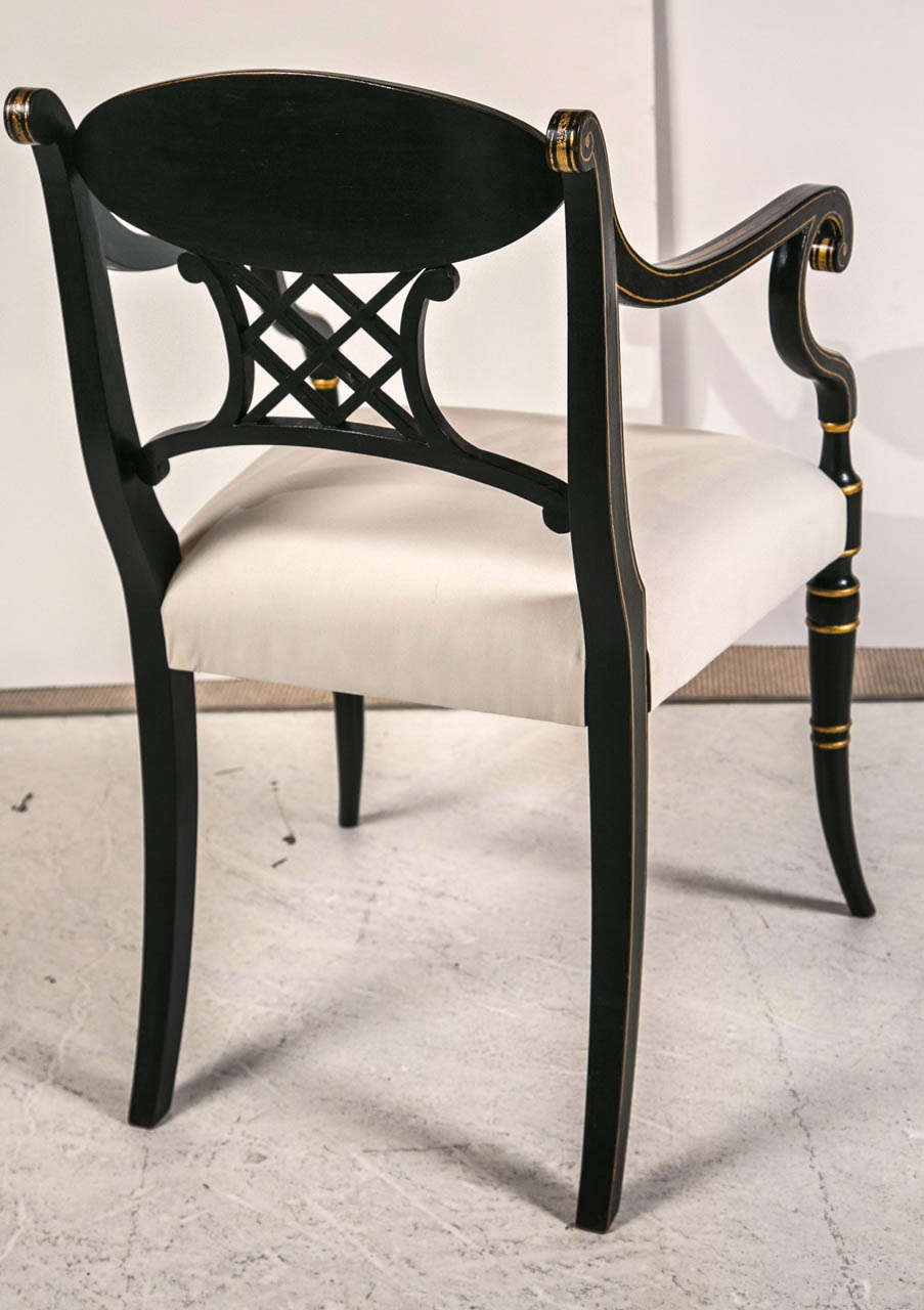 Vintage 20th c Regency Black Chinese Lacquer Chairs 3