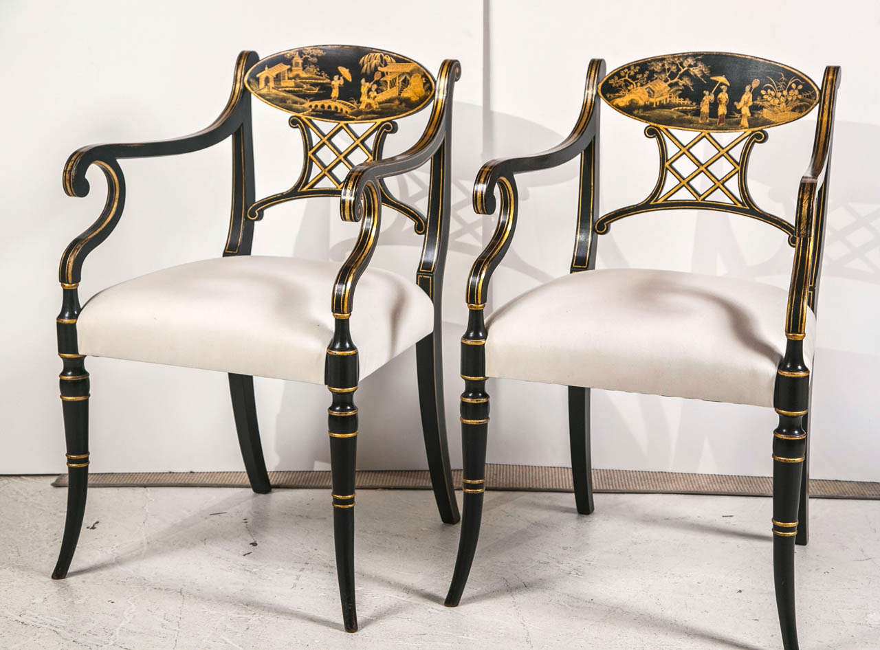 Vintage 20th c Regency Black Chinese Lacquer Chairs by Kevin Cross Studio, Redding, CT.