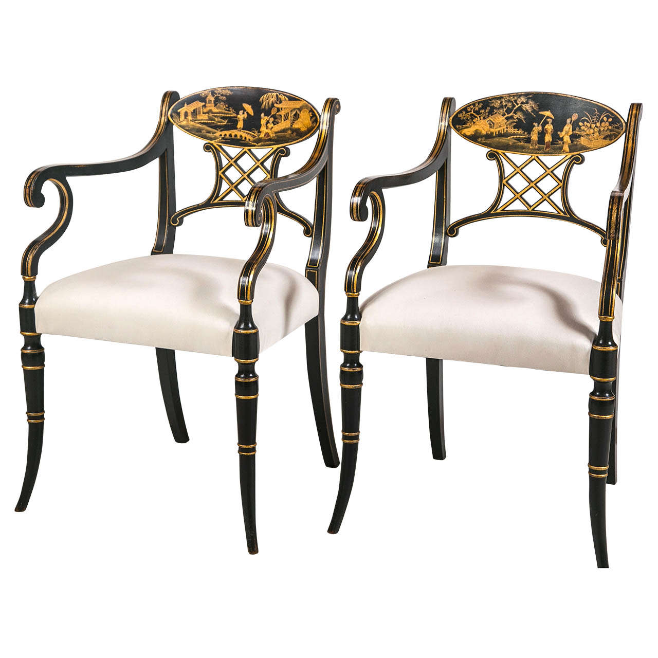 Vintage 20th c Regency Black Chinese Lacquer Chairs