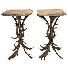 Pair of Austrian Arts 
Crafts Antler Side Tables with Brass Covered Top