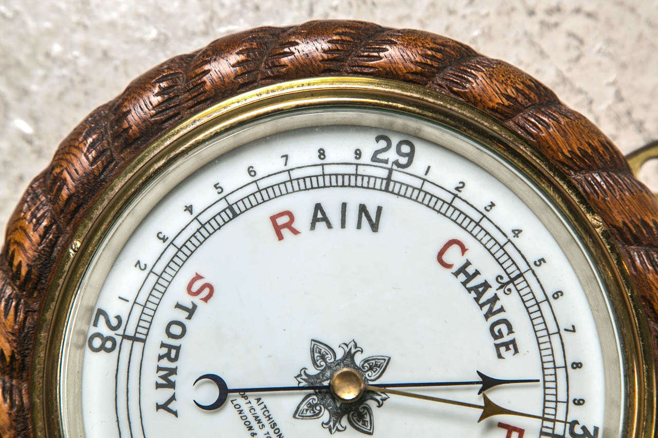 Carved Oak Rope Cased Aneroid Barometer C 1890 In Good Condition In Stamford, CT
