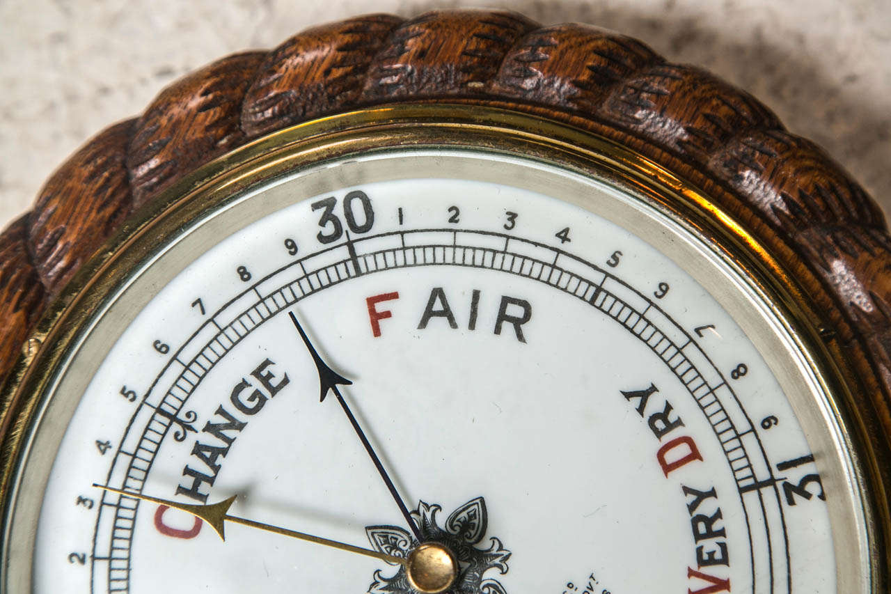 Carved Oak Rope Cased Aneroid Barometer C 1890 1
