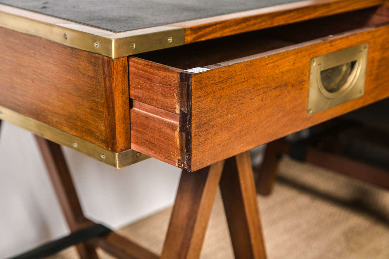 British 1960's Paduck Wood Campaign Desk with Brass Hardware and Leather Top