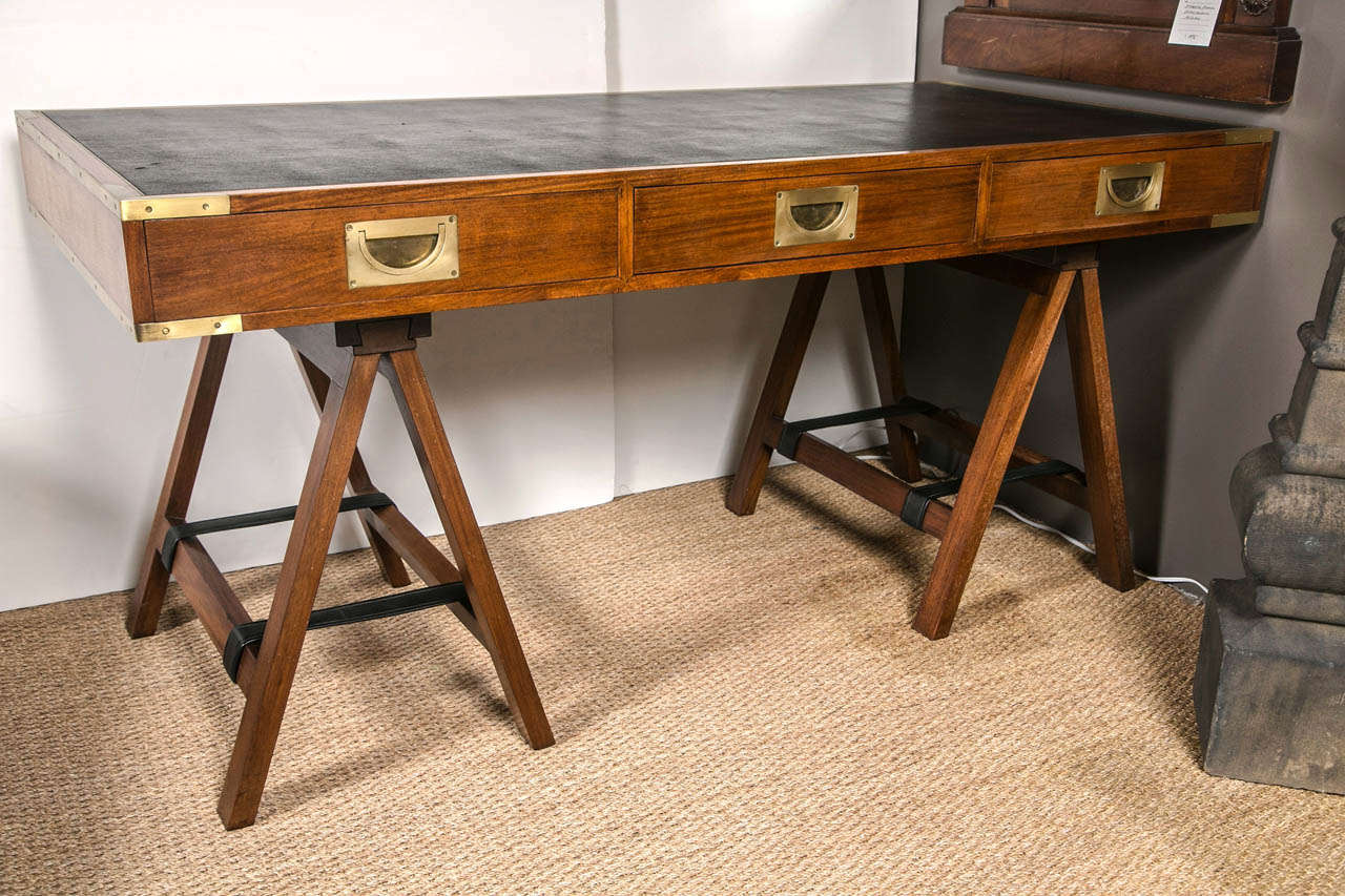1960's- 1970's Paduck Wood Campaign Desk with Brass Hardware and Leather Top