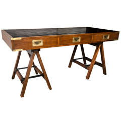 1960's Paduck Wood Campaign Desk with Brass Hardware and Leather Top