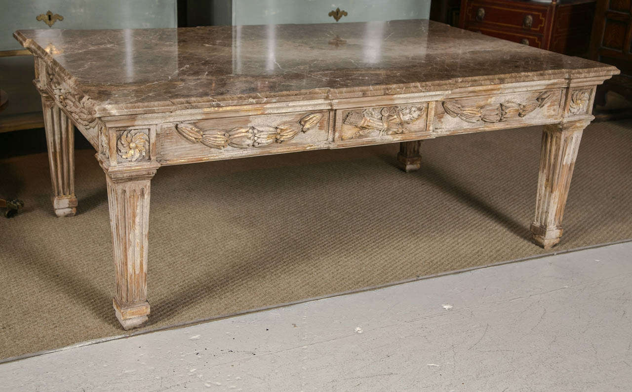 Carved Wood Neoclassical Style Coffee Table with Custom Marble Top
