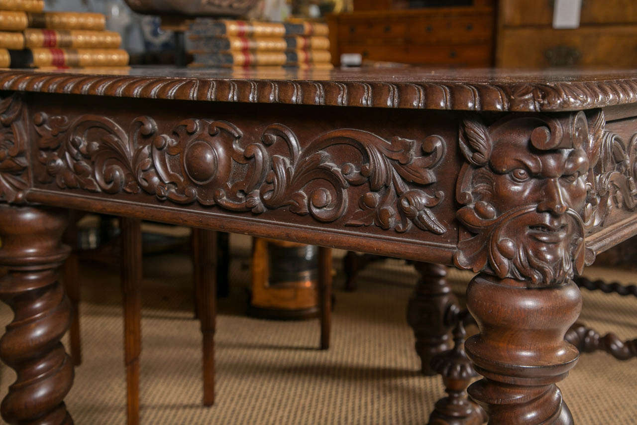 Antique Mahogany Turned Leg and Intricate Carved Partners Desk at
