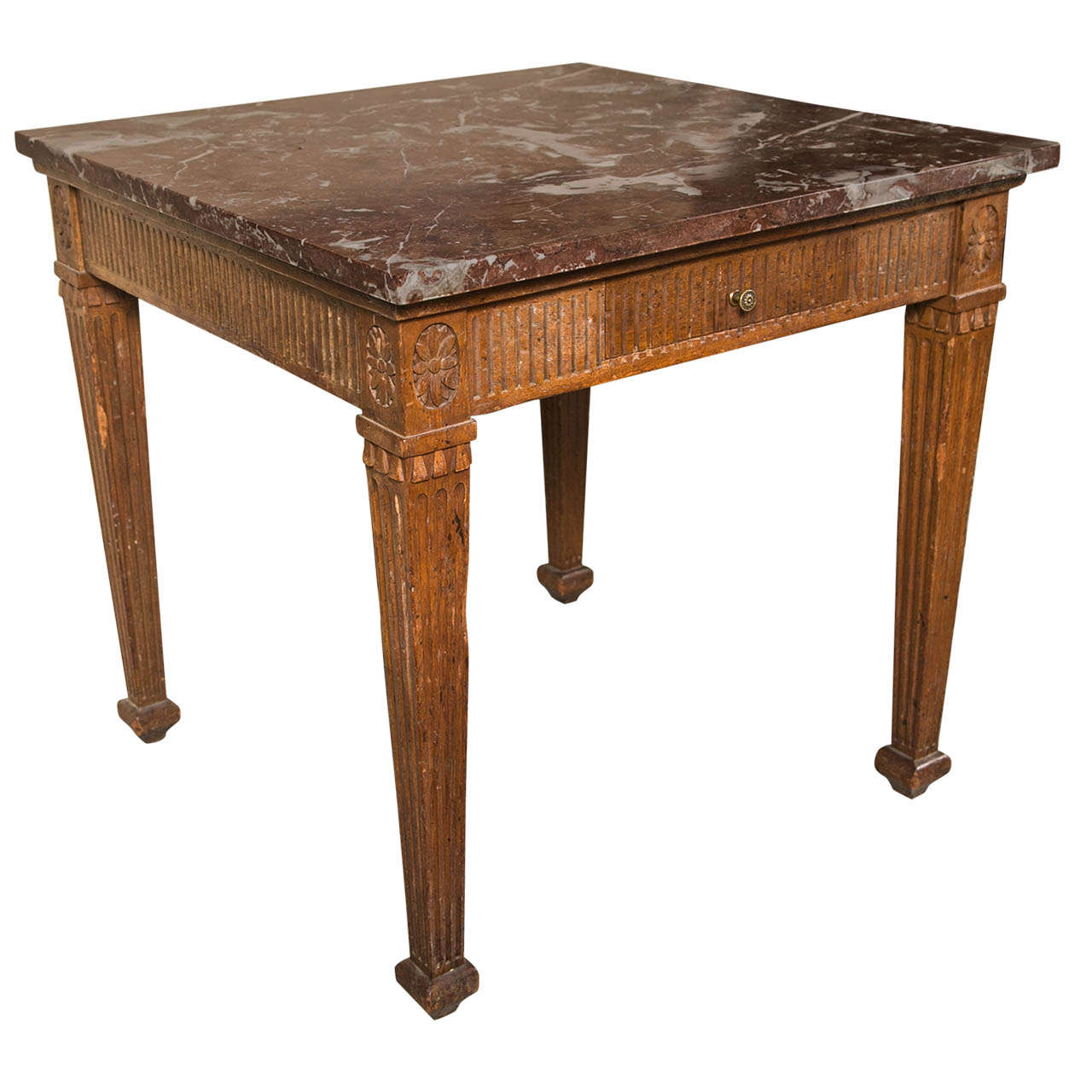 Italian Square fluted Apron and Leg Walnut Table with Siena Marble Top