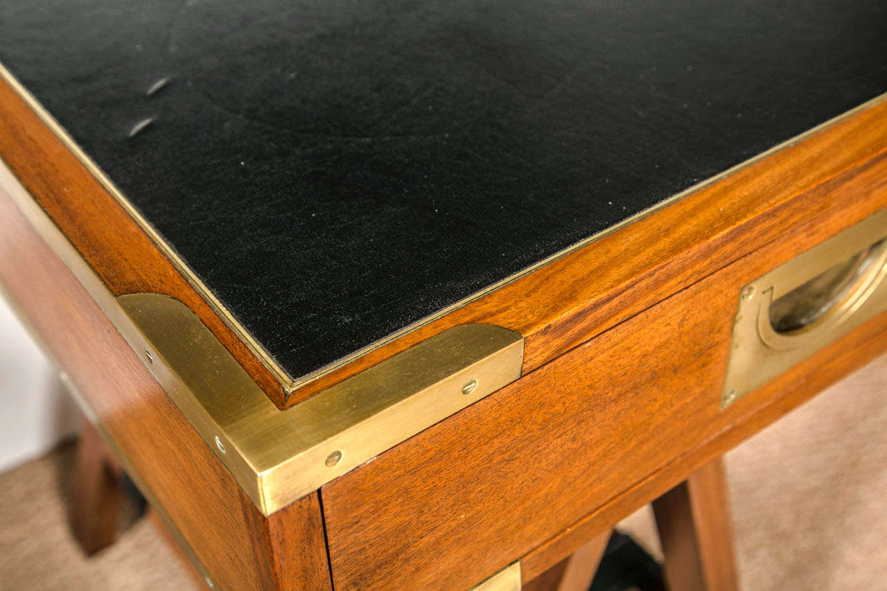1960's Paduck Wood Campaign Desk with Brass Hardware and Leather Top at