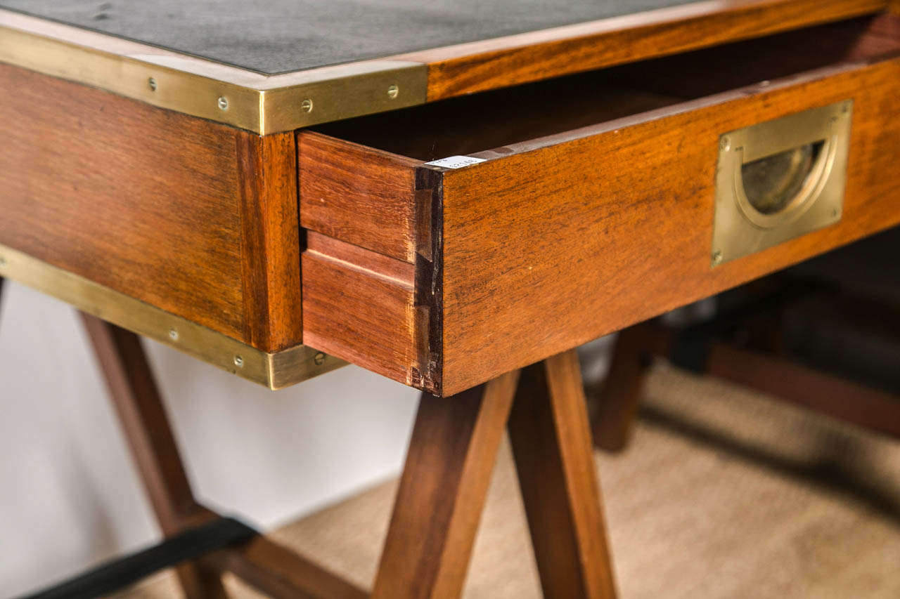1960's Paduck Wood Campaign Desk with Brass Hardware and Leather Top at