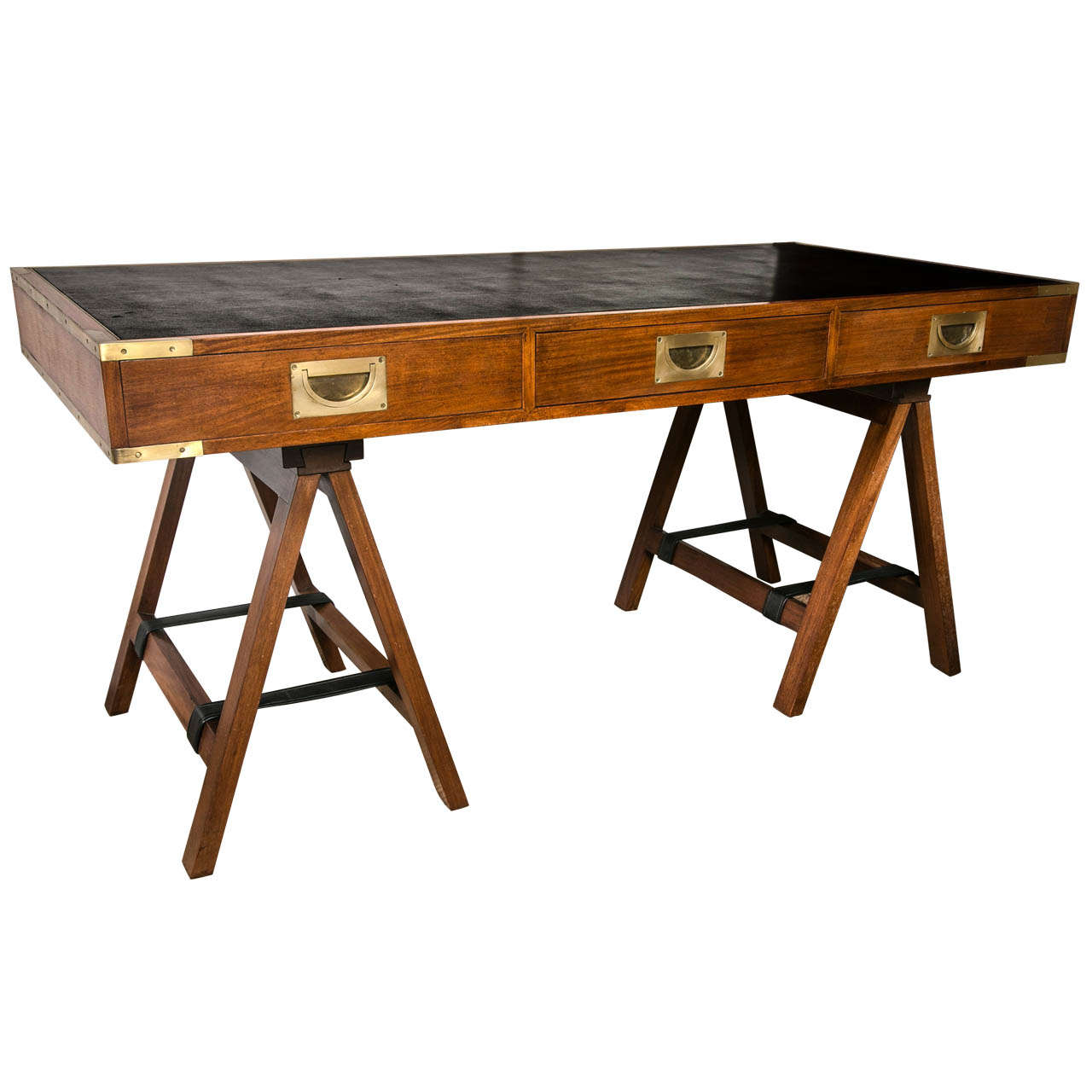 1960's Paduck Wood Campaign Desk with Brass Hardware and Leather Top at