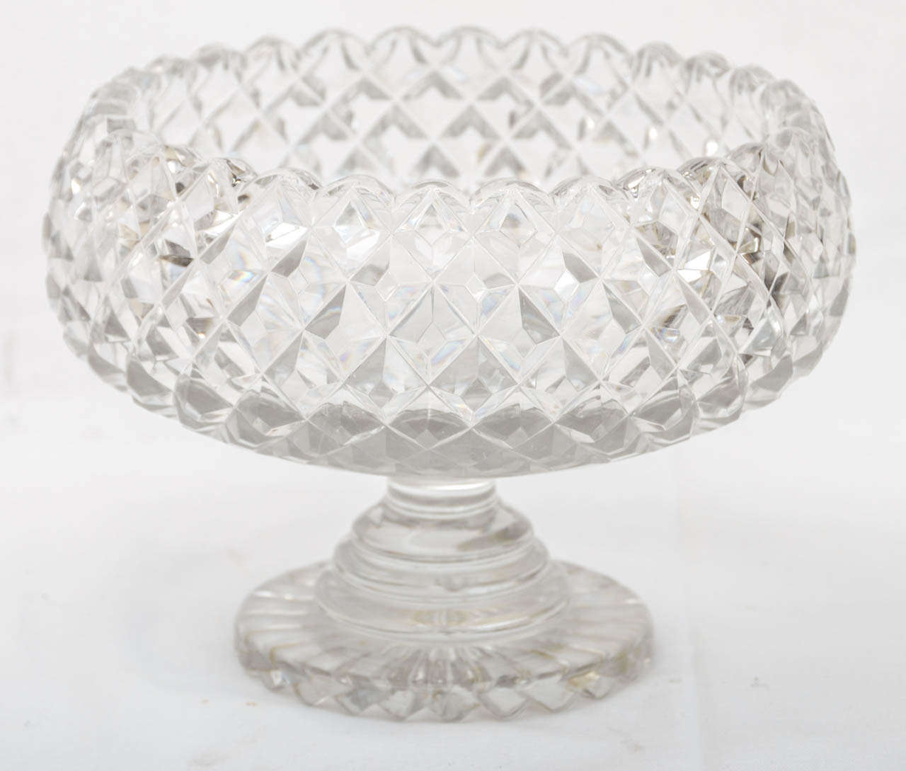English Victorian Crystal Cut Glass Pedestal Fruit Bowl -- Round Curved Sided With Cut Diamond Pattern And Saw Tooth Edge. Base Has A Cut Under Side Star Burst Pattern And Tapering Bull Nose Pedestal. Very Useful And Decorative.