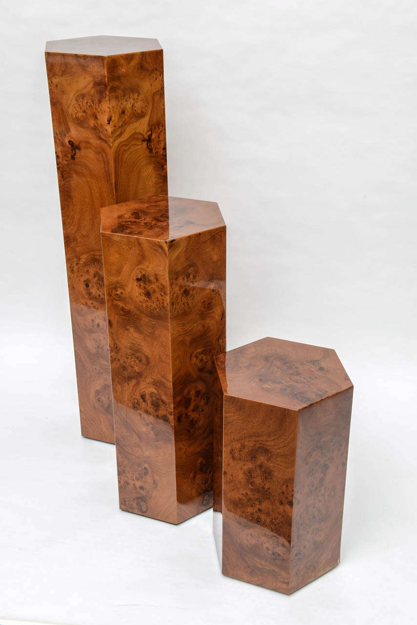 Mid-Century Modern Set of Three Hexagonal Pedestals in Burl Wood