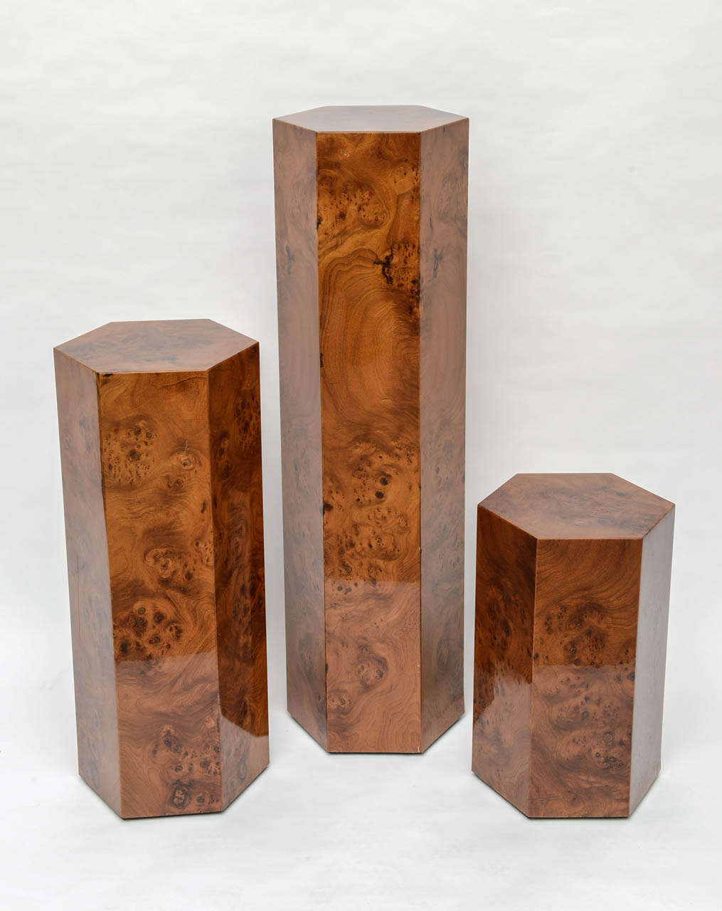 Set of Three Hexagonal Pedestals in Burl Wood 3