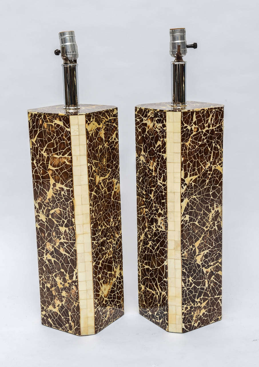 Pair of table lamps inlaid with bamboo and bone on the corners.
