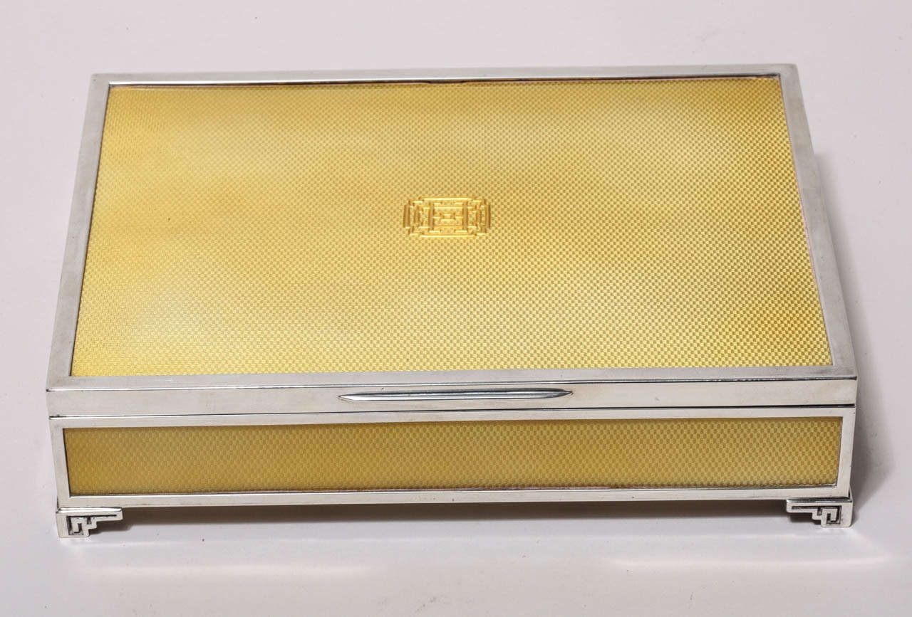 British Jacques Cartier French Art Deco Sterling Silver and Yellow Enamel Box For Sale