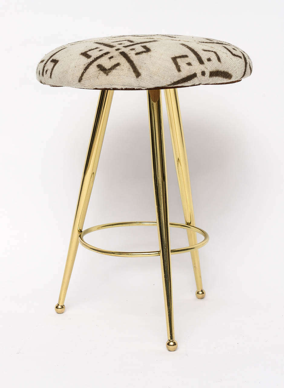 Pair of 50's Italian Brass Stools with Vintage Mud Cloth Upholstery In Excellent Condition In North Miami, FL