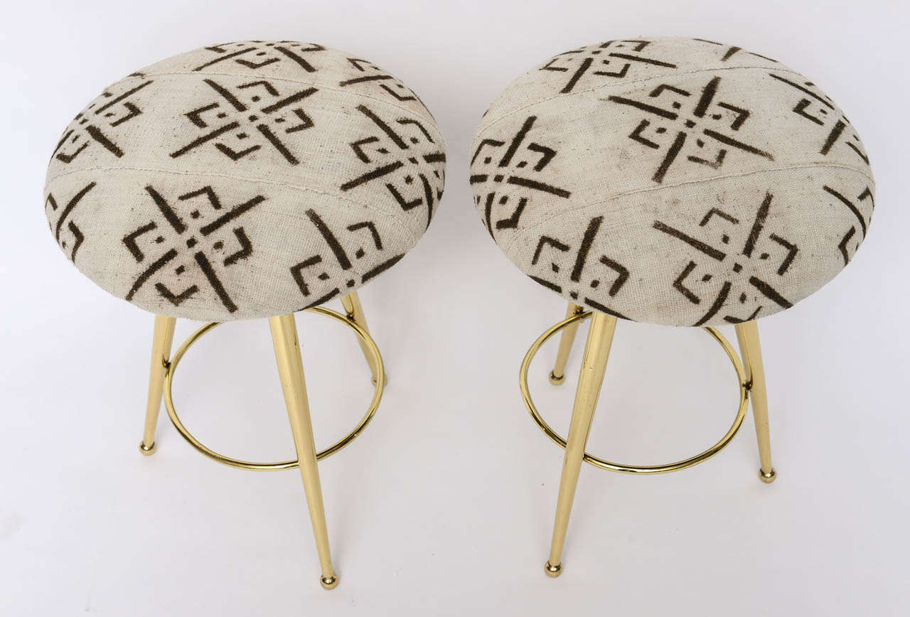 Pair of 50's Italian Brass Stools with Vintage Mud Cloth Upholstery 4