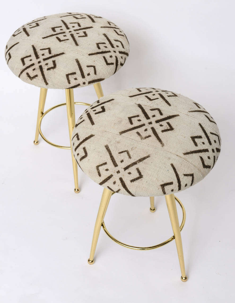 Pair of 50's Italian Brass Stools with Vintage Mud Cloth Upholstery 5