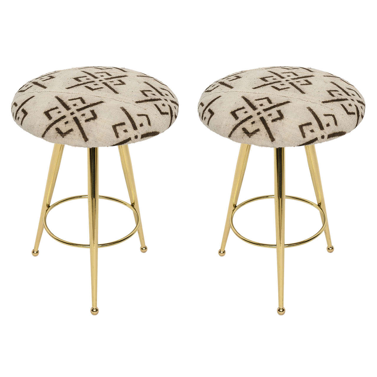 Pair of 50's Italian Brass Stools with Vintage Mud Cloth Upholstery