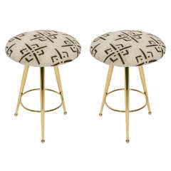 Pair of 50's Italian Brass Stools with Vintage Mud Cloth Upholstery