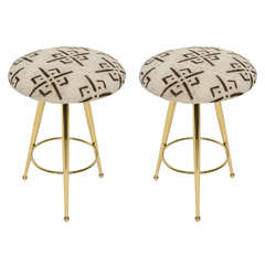 Pair of 50's Italian Brass Stools with Retro Mud Cloth Upholstery