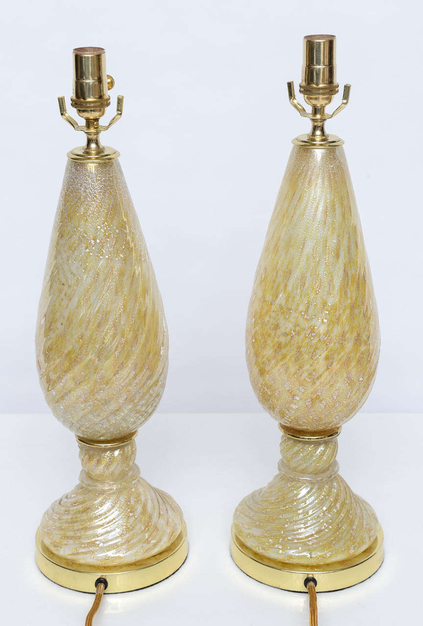Italian Pair of Barovier and Toso Yellow Murano Glass Lamps with Silver Inclusions