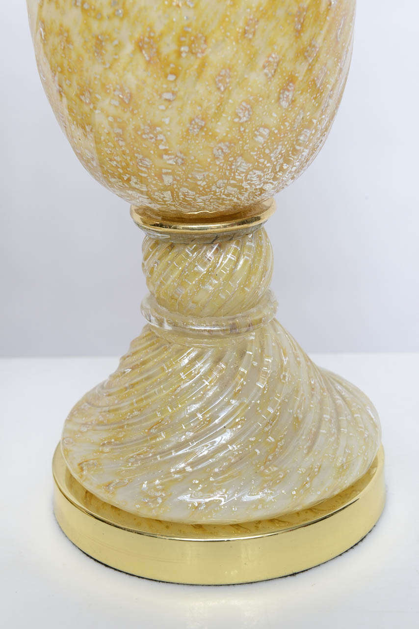 Mid-20th Century Pair of Barovier and Toso Yellow Murano Glass Lamps with Silver Inclusions