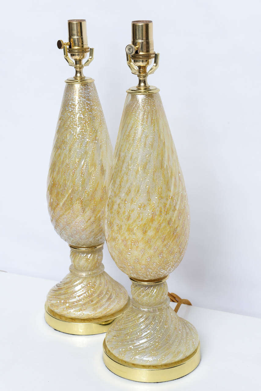 Pair of Barovier and Toso Yellow Murano Glass Lamps with Silver Inclusions 1