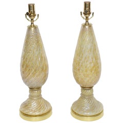 Pair of Barovier and Toso Yellow Murano Glass Lamps with Silver Inclusions