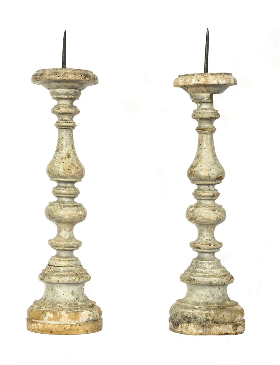 16th Century Pair of Italian Lacquered Wood Candleholders