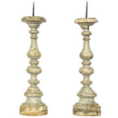 16th Century Pair of Italian Lacquered Wood Candleholders