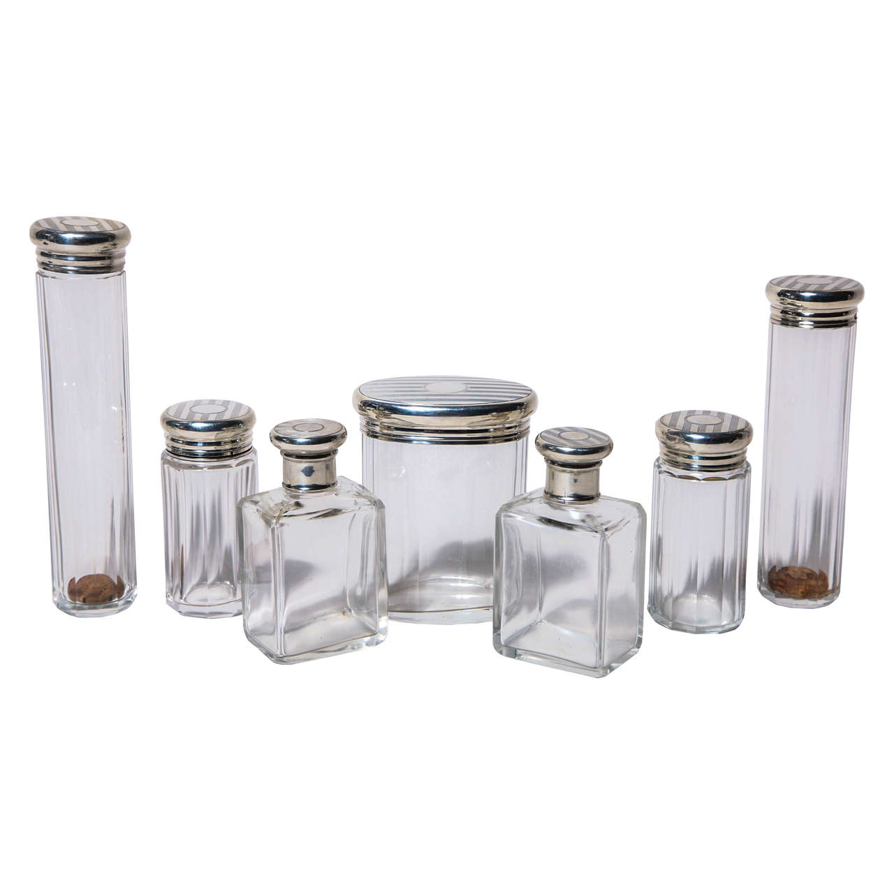 English Art Deco Crystal and Silver Dressing Set, Seven Pieces